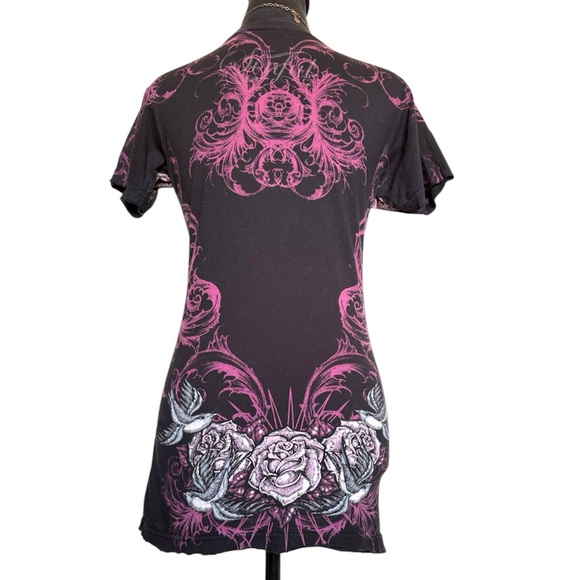 Sinful Woman’s Large Black Short Sleeve Tee with Pink Accents & Birds - Picture 3 of 6